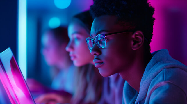 Group coding hackathon. Teenagers gathered around laptops at a coding workshop. STEM/STEAM Concept. Encouraging young people to pursue careers in Science, Technology, Engineering, Arts, and Math. - Powered by Adobe