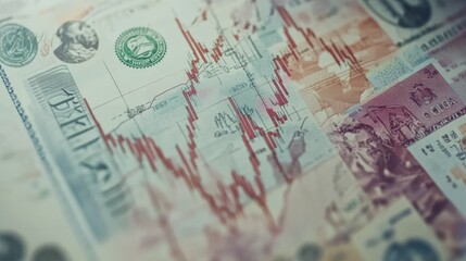 Fototapeta premium Background featuring a fluctuating stock chart, scattered banknotes, global currency symbols, and financial trends