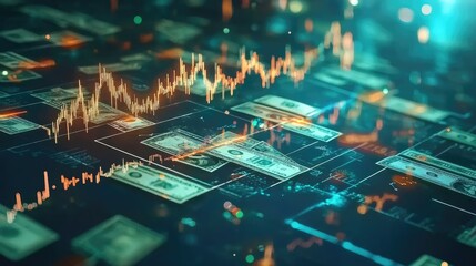Background featuring a fluctuating stock chart, scattered banknotes, global currency symbols, and financial trends
