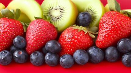 Obraz premium close up of super food kiwi , strawberries and blueberries