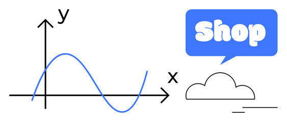 Obraz premium A simple graph with x y axes and a wave line. Next to it is a cloud with a speech bubble containing the word Shop. Ideal for business analysis, online commerce growth, marketplace trends, economic