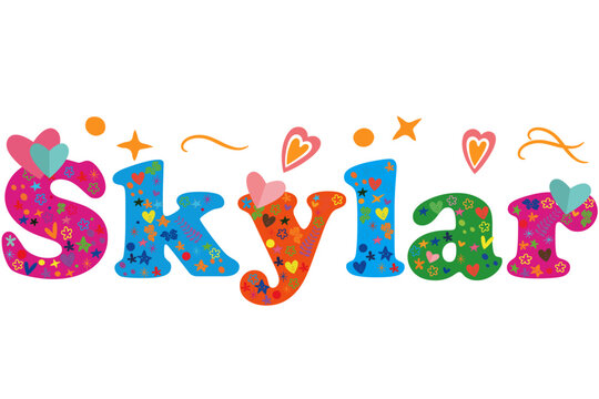 A delightful and vibrant illustration of the name "Skylar" in a playful font, bursting with color