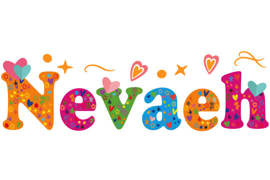 A delightful and vibrant illustration of the name "Nevaeh" in a playful font, bursting with color
