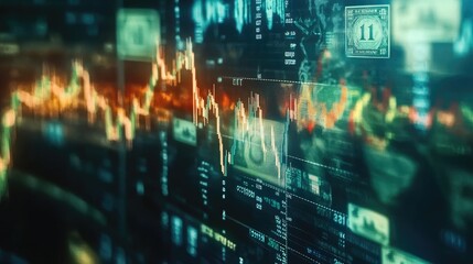 Fototapeta premium Background featuring a fluctuating stock chart, scattered banknotes, global currency symbols, and financial trends