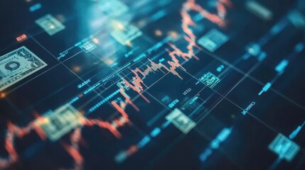 Background featuring a fluctuating stock chart, scattered banknotes, global currency symbols, and financial trends