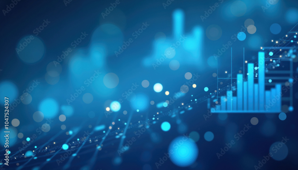 Poster blue financial data stream with bokeh: abstract image featuring a blue data stream with bokeh lights