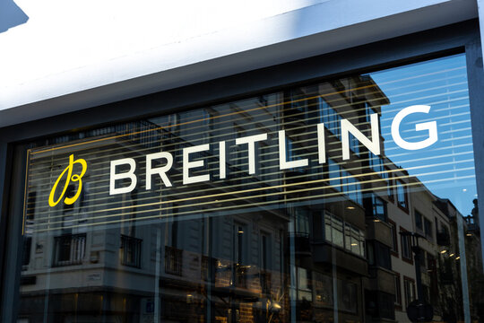 Breitling shop sign logo. Breitling is a Swiss watch brand. It falls into the higher price range of watches. Antwerp, Belgium. 15 April 2023. 