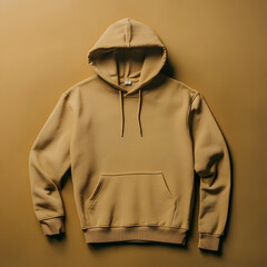 A plain, beige hoodie displayed against a simple background.
