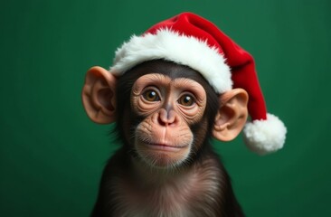 New Year monkey Portrait in Santa Claus Hat on Green Background, Christmas Card with Place for text