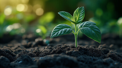 A young green plant sprouts from fertile soil, illuminated by warm sunlight, symbolizing growth, new beginnings, and the nurturing power of nature. World Soil Day