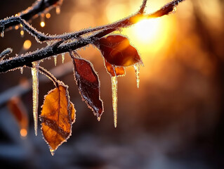 Frost-covered leaves with icicles at sunrise
