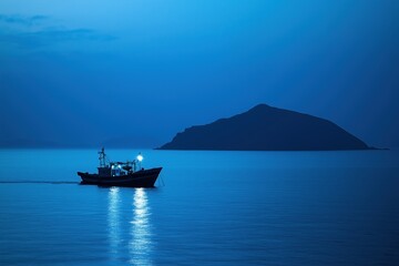 Obraz premium A boat is sailing in the ocean at night