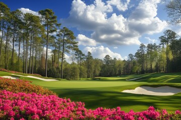 Fototapeta premium A golf course with a beautiful pink flower garden in the background
