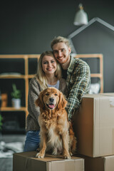 Fototapeta na wymiar Excited young couple with dog moving into their new home together