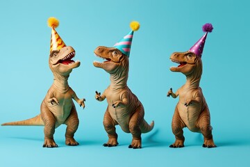 Three dinosaurs wearing party hats are standing in a row