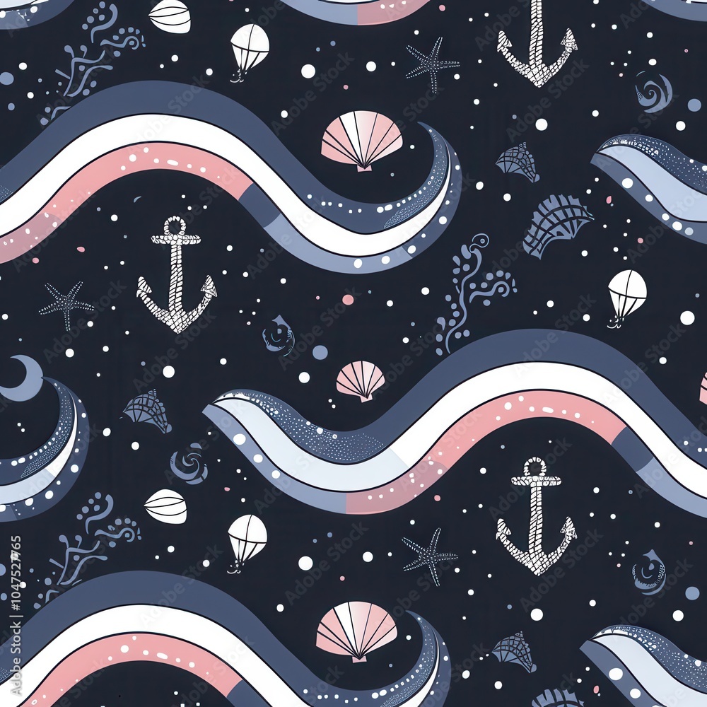 Poster this vibrant pattern displays swirling waves, anchors, seashells, and marine life elements on a dark