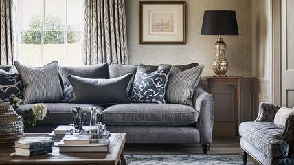 Elegant cottage or country house room, interior design and home decor, furniture and soft furnishing fabric and upholstery, English countryside style idea