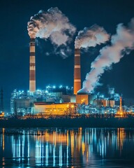Obraz premium Power plant at night with smoke stacks illuminated, long exposure, dramatic