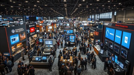 Wide view of a bustling trade show featuring various technology exhibitors in a large convention center