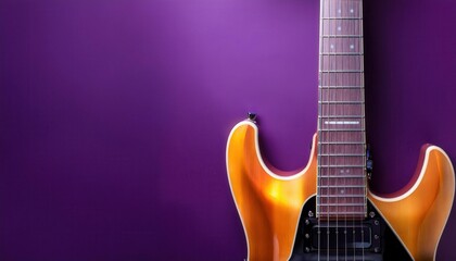 Close-Up of Sunburst Electric Guitar with Pink Pickups Against a Rich Purple Background. Perfect for Music Marketing, Studio Sessions, Instrument Showcases, and Rock Band Branding Campaigns