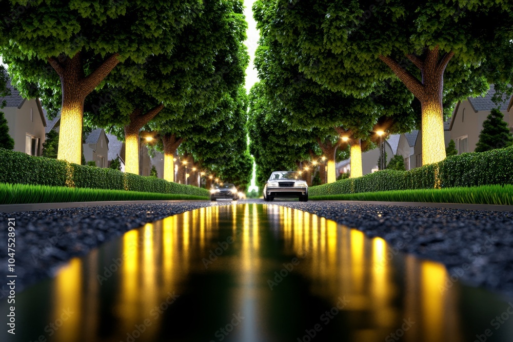 Poster 3d rendering of a quiet suburban street with trees lining the road, houses on either side, and soft 