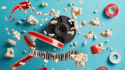 Obraz premium Cinematic elements with popcorn and film reel on blue background 