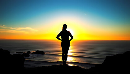 Fototapeta premium wellbeing concept, silhouette of person enjoying beautiful sunset with view of ocean isolated with white highlights, png