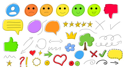 Set of fun colorful doodle shapes hand drawn. Pen liner doodle elements. Vector doodle style isolated on white background. Vector illustration.