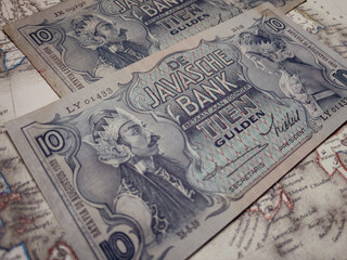 Old banknotes of 10 guilders of the Dutch East Indies.