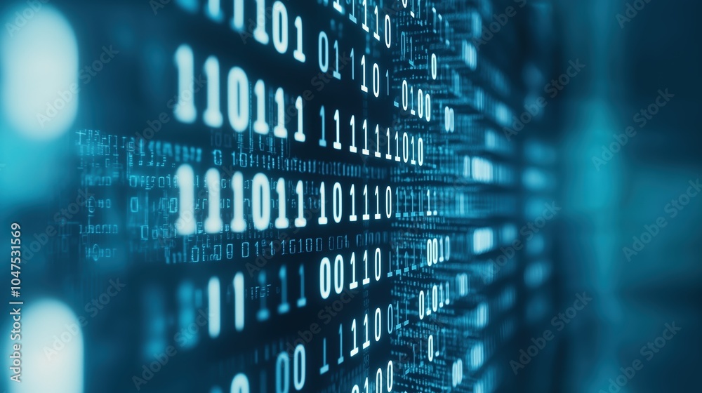 Aufkleber Blue screen with a row of binary numbers. Concept of technology and complexity