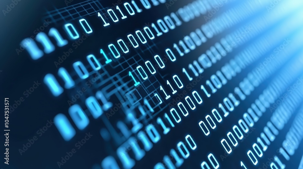 Aufkleber Blue screen with a series of binary numbers. Concept of complexity and order, as the numbers are arranged in a precise and organized manner. The blue color of the screen adds a sense of depth