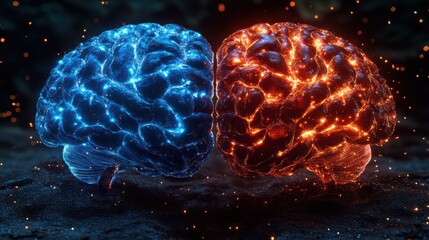 A Conceptual Illustration of a Brain Divided into Blue and Red Halves Representing Creativity and Logic for Educational and Inspirational Use