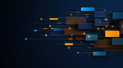 Colorful abstract design with orange and blue blocks. The blocks are arranged in a way that creates a sense of movement and energy. Scene is dynamic and lively