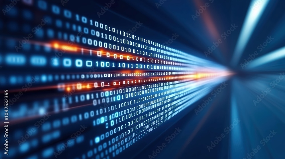 Fototapete computer screen with a long line of binary code. the code is blue and orange. the blue and orange co