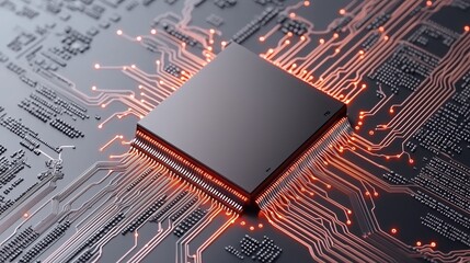 Computer chip is lit up with orange lights. The chip is surrounded by a black background. Concept of technology and innovation