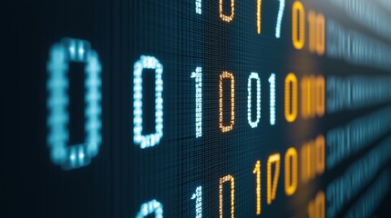 Computer screen displays a series of binary numbers. The numbers are arranged in a grid, with some numbers being larger than others. Scene is one of complexity and order