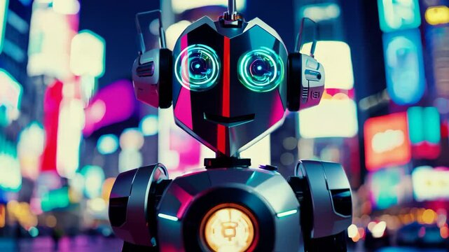 A robot is waving in front of a city skyline. The robot is wearing a black and silver suit and has a red heart on its chest. The scene is set in a city at night, with bright lights