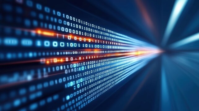 Computer screen with a long line of binary code. The code is blue and orange. The blue and orange colors create a sense of contrast and movement