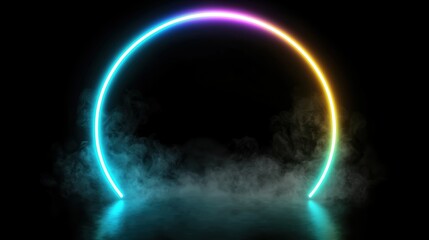 Glowing, colorful circle of smoke is floating in the air. The smoke is illuminated by a neon light,...