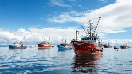 Fototapeta premium Large red boat is in the middle of a group of other boats. The scene is calm and peaceful, with the boats floating on the water