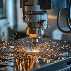 Precision engineering, close-up of a CNC machine cutting metal, detailed