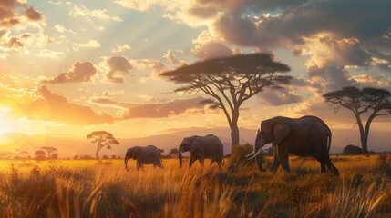 In the African savanna, a family of elephants walks gracefully, silhouetted against a stunning sunset filled with vibrant colors. Generative AI
