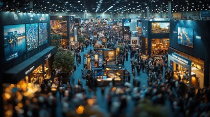 A bustling trade show filled with exhibitors and visitors showcasing various products in a large convention center during the day