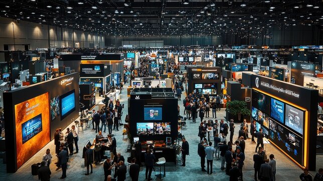 An expansive exhibition hall filled with spectators exploring various vendor displays at a technology conference