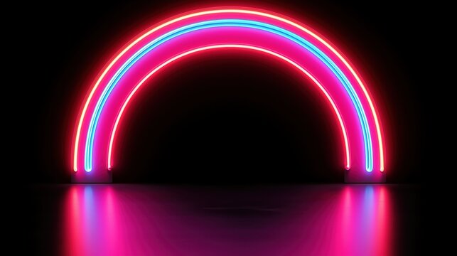 Neon sign with a red and blue arc. The sign is lit up and he is glowing