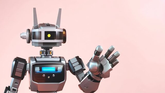 A robot with a yellow face stands in front of a pink background. The robot is designed to look like a human, with a head, arms, and legs. The robot's face is illuminated, giving it a friendly