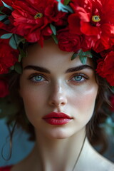 Naklejka premium portrait of a woman with red flowers