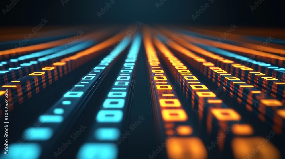 Poster series of orange and blue squares are displayed in a row. the squares are all different sizes and ar