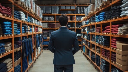 Employee examining the arrangement of goods on racks, large warehouse, back view