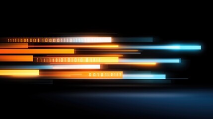 Series of numbers and letters are displayed in a bright orange and blue color scheme. Concept of motion and energy, as if the numbers are racing along a track. The use of bright colors